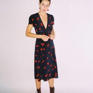 Cherry print wrap surplice dress